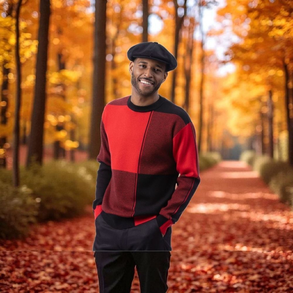 MONTIQUE MENS REGULAR FIT BLACK/RED COLOR BLOCK KNIT SWEATER. SW101.